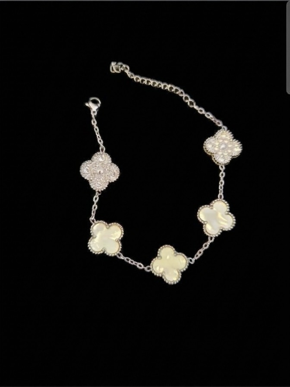 Silver Clover Bracelet with Pearl And Bling Accents
